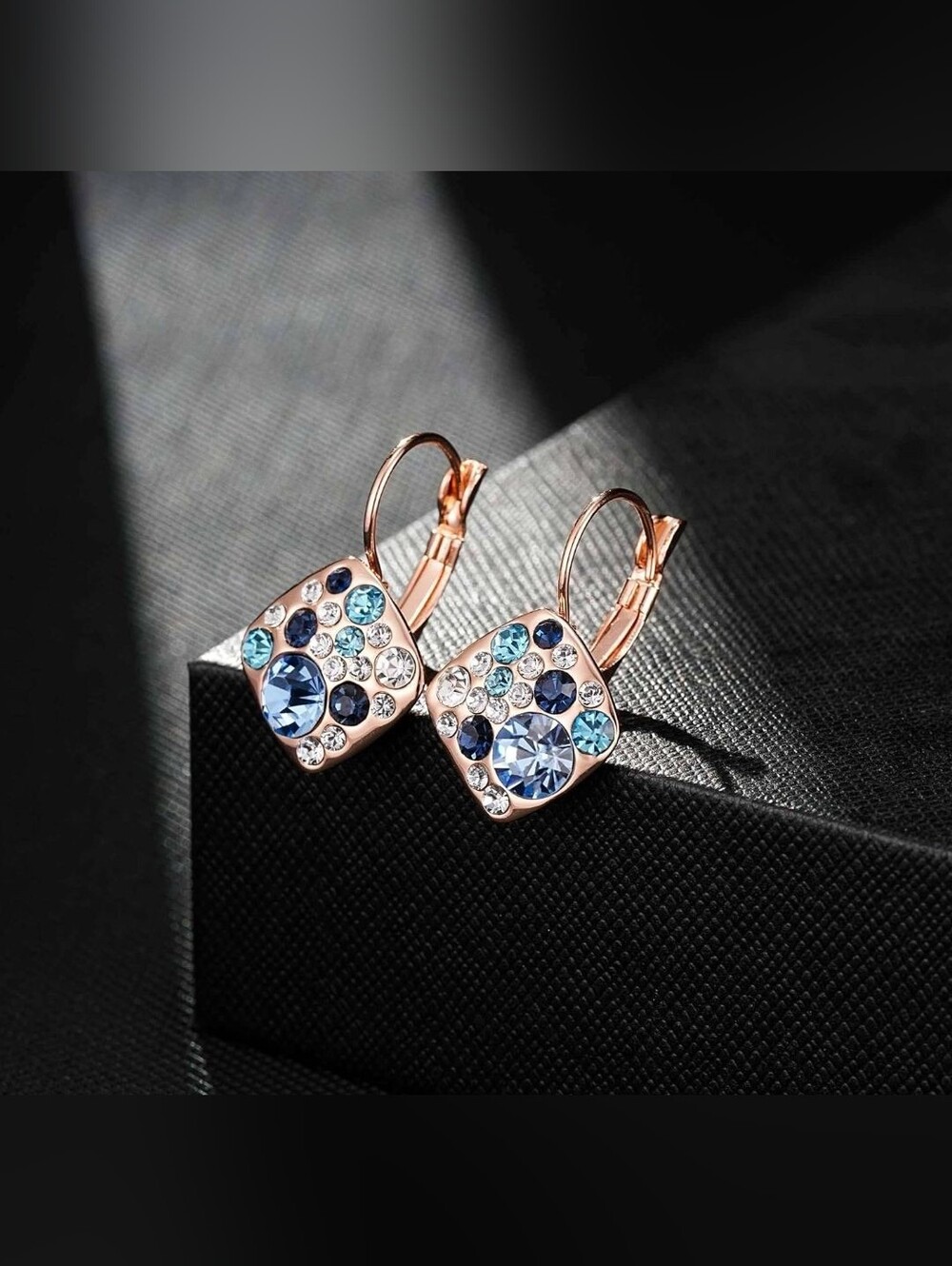 Multicolored Austrian Crystal Square Drop Leverback Huggie Earrings - Picture 3 of 6